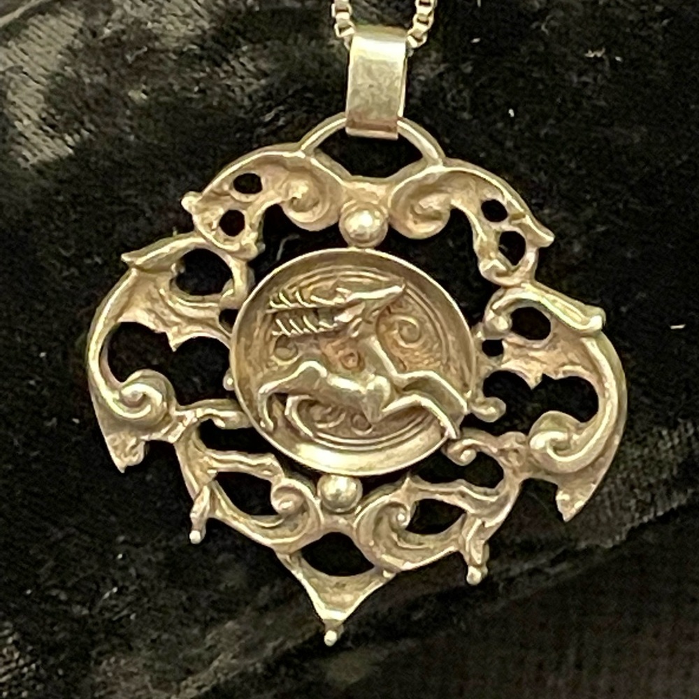 Art Nouveau, Vintage, Gazelle Pendant Necklace, Silver Marked 800 BBS